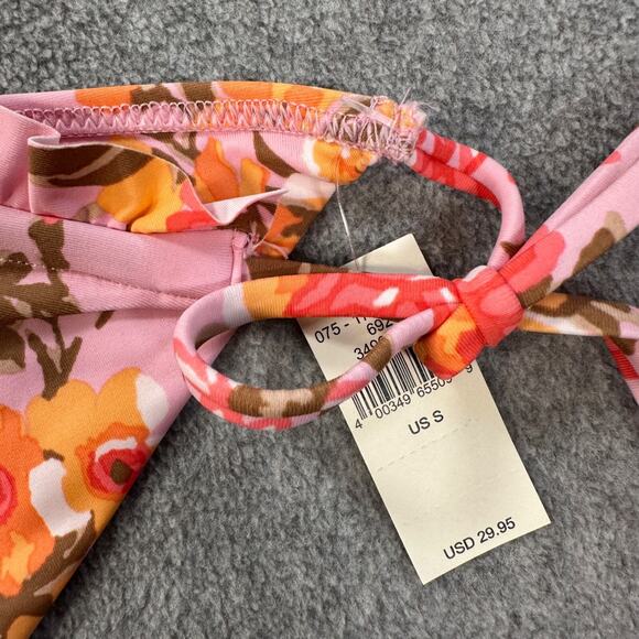 Aerie Floral Ruffle Beaded Tie Bikini Cheeky Bottoms Size Small Pink Orange New - Picture 6 of 10